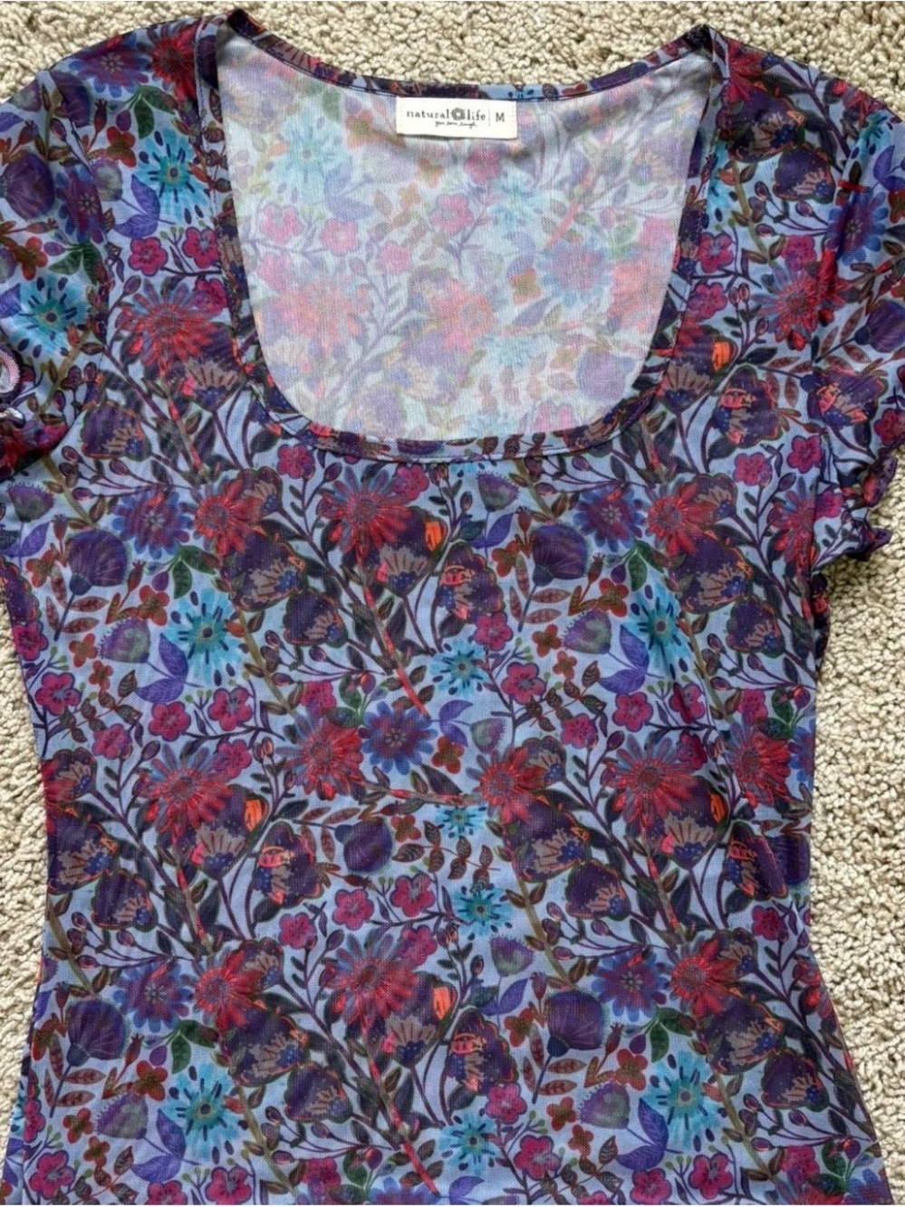 NATURAL LIFE Purple Mesh Floral Scoop Neck Short Sleeve Top